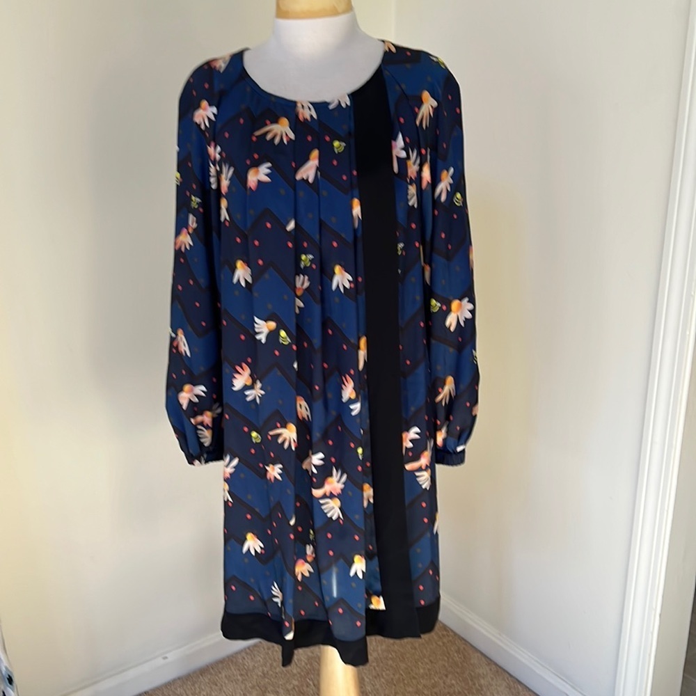 Sonia by Sonia Rykiel SZ 42/L blue multi printed long sleeve pleated dress.